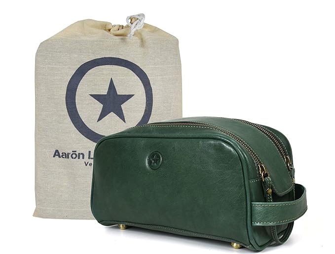 10" Premium Leather Toiletry Travel Pouch With Waterproof Lining | King-Size Handcrafted Vintage Dopp - Kit ~ Gift for Father's Day By Aaron Leather Goods (Basil Green)