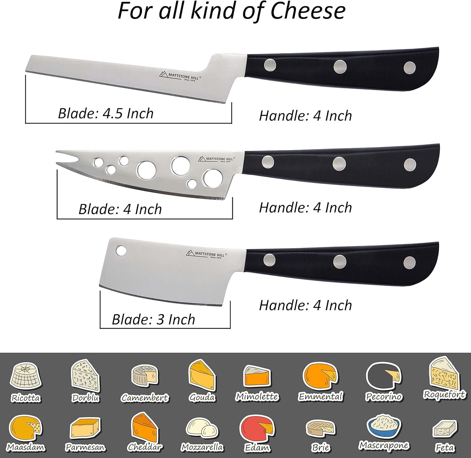 Cheese Knife Set, MATTSTONE HILL Cheese Knives - Soft & Semi Hard Cheese Knife, Soft Cheese Slicer, Cheese Cleaver, Premium Stainless Steel, Black Handle