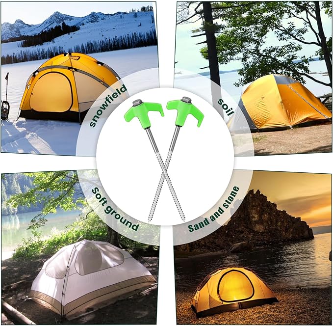 20 Pack 8" Screw in Tent Stakes Heavy Duty- Ground Anchors Screw- Tent Pegs Camping Stakes- Hex Pegs Drillable Tent Stakes and Hexagon Head Drive and Storage Box (Green)