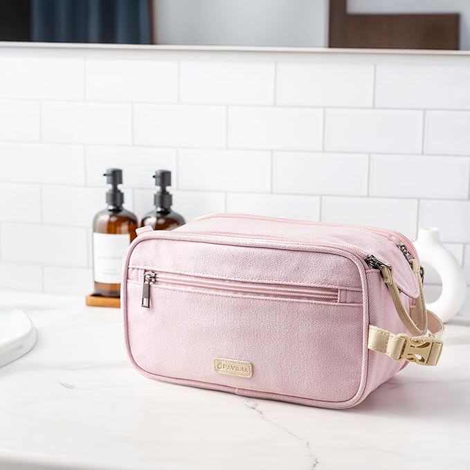 PAVILIA Toiletry Bag for Women, Canvas Travel Dopp Kit, Water Resistant Hygiene Bag Toiletries Organizer, Shaving Kit Travel Accessories Bag, Pink, Extra Large
