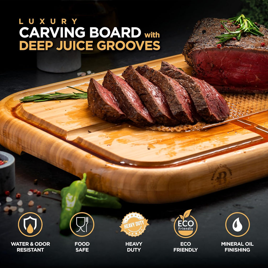 Meat Cutting Board for BBQ & Grilling - Spikes to Stabilize Meat & Juice Groove - Heavy Duty Bamboo Carving Board with Reversible Steak Tray - Great Gift
