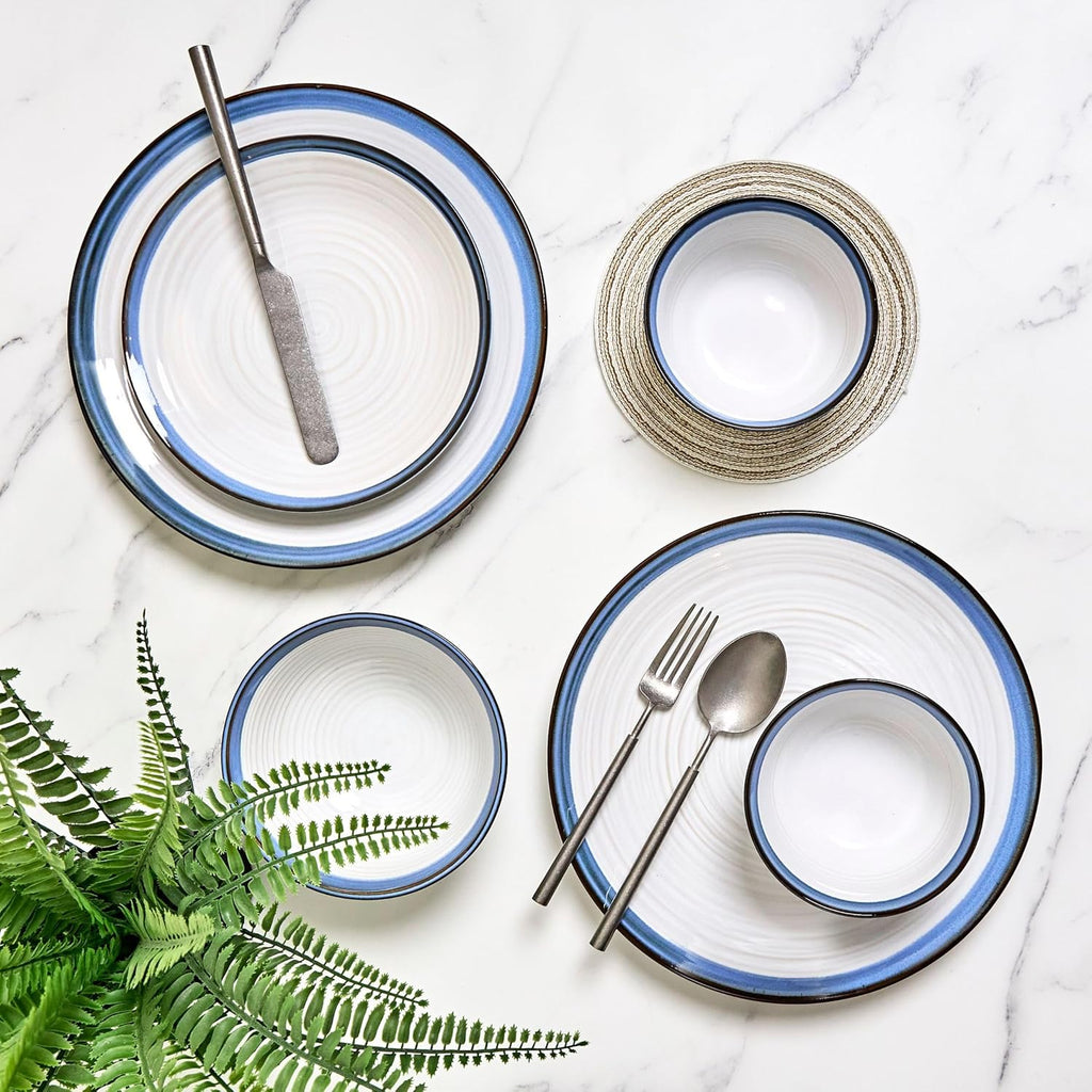 Sango Siterra Santorini 16-Piece White Stoneware Dinnerware Set – Service for 4, Plate & Bowl Set, Rustic White with Reactive Blue Glaze, for Daily Dining & Entertainment, Microwave & Dishwasher Safe