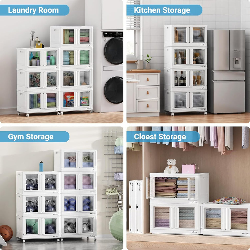 400Qt Stackable Storage Bins with Lids, 100Gal Closet Organizers and Storage Drawer, Plastic Collapsible Storage Bins with Doors, Heavy Duty Store Box Cabinet for Home Office, 4Pack White