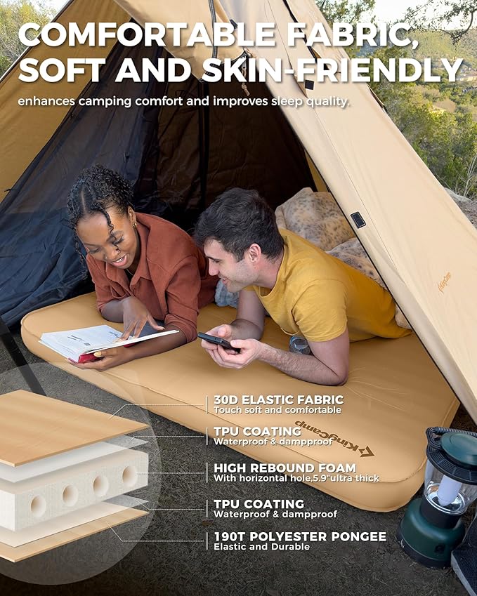 KingCamp Double Sleeping Pad, 2 Person Queen R 15.5 Self Inflating Sleeping Pad, 6" Ultra Thick Full Size Foam Mattress Mat for Outdoor Camping Tent Car, PVC Free (Khaki)