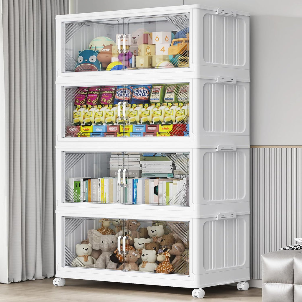 140Gal Plastic Stackable Storage Bins with Lid, 560QT Extra Large Closet Organizers Collapsible Cabinets Boxes with Drawers, Foldable Containers with 4X Wheels for Home Kitchen, V60 4Pack White