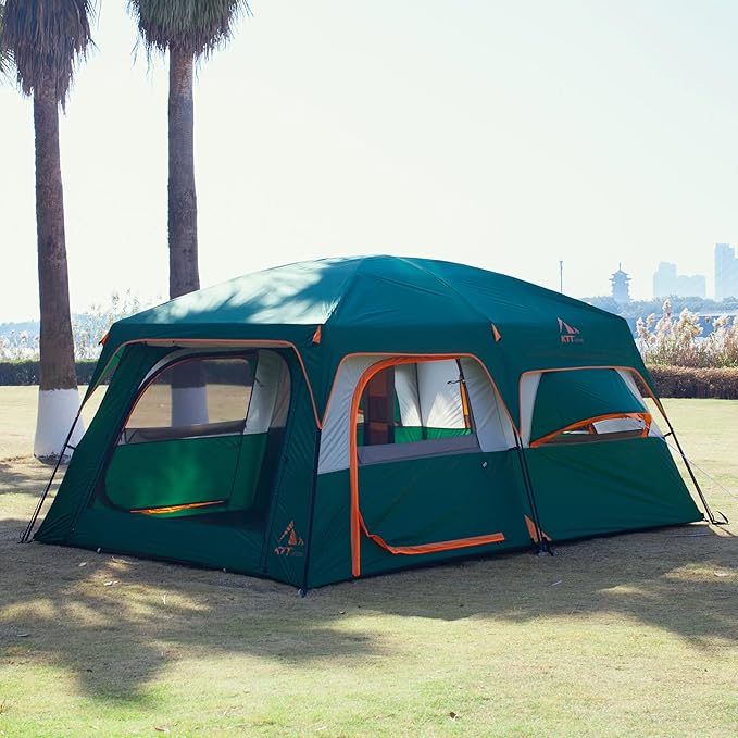 KTT Extra Large Tent 10-12-14 Person(B),Family Cabin Tents,2 Rooms,3 Doors and 3 Windows with Mesh,Straight Wall,Waterproof,Double Layer,Big Tent for Outdoor,Picnic,Camping,Family Gathering