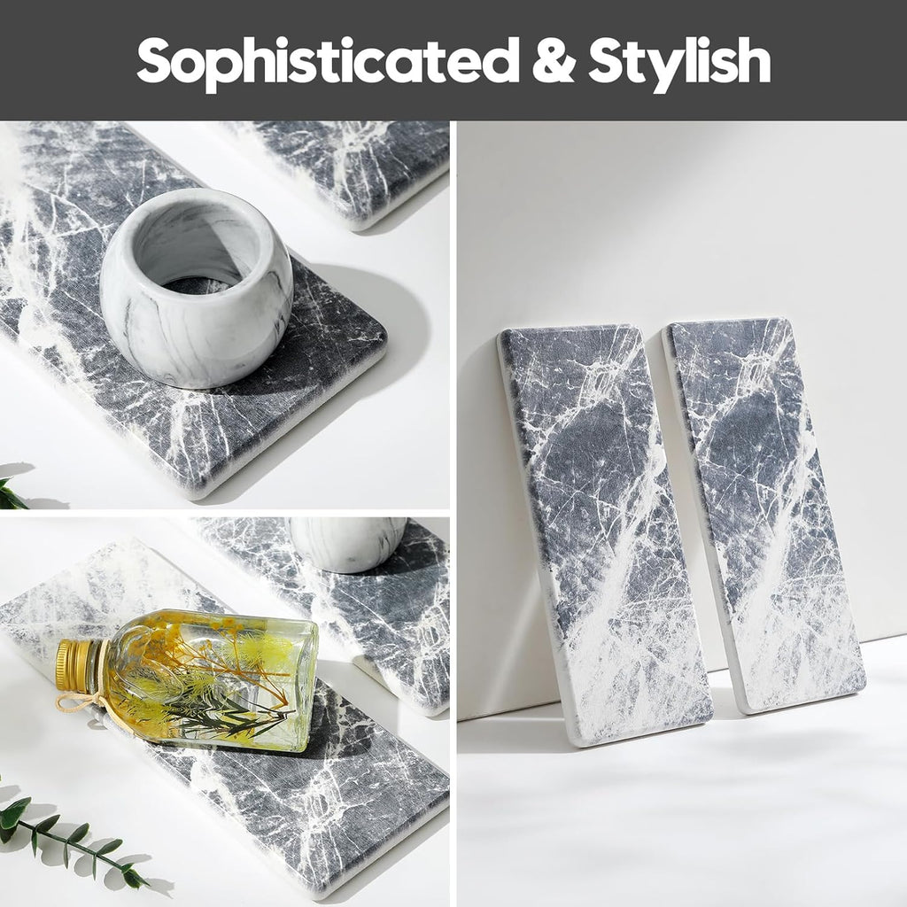 2PCS Bathroom Sink Vanity Trays, Water Absorbing Diatomite Stone Quick Drying Mat for Kitchen Counter, Dish Rack Dispenser Sponge Holder Caddy Organizer, Marble Crack, 9"x3.5"