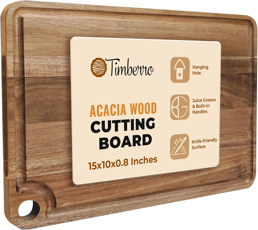 Acacia Wood Cutting Board (15x10x0.8 In.) - Solid Organic Wooden Meat Boards for Kitchen, Real Hardwood Chopping Butcher Block with Deep Juice Groove Well for Counter