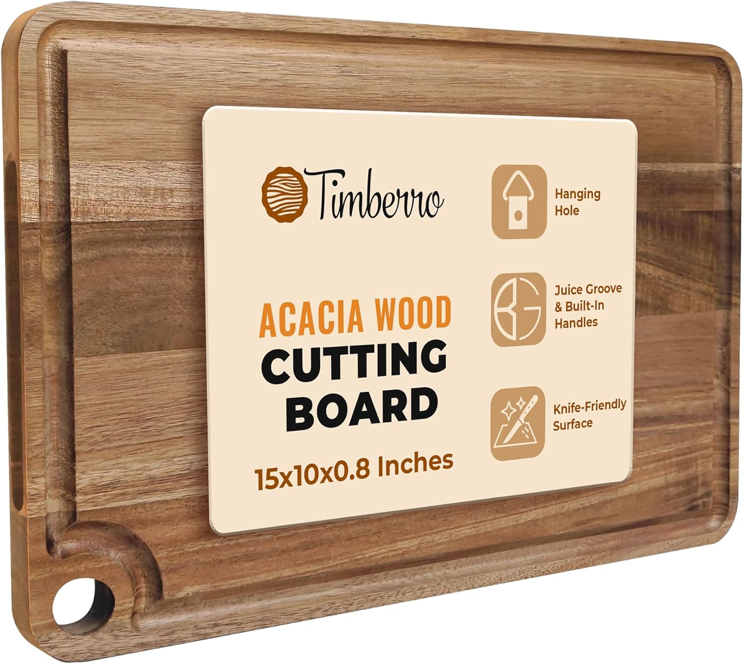 Acacia Wood Cutting Board (15x10x0.8 In.) - Solid Organic Wooden Meat Boards for Kitchen, Real Hardwood Chopping Butcher Block with Deep Juice Groove Well for Counter