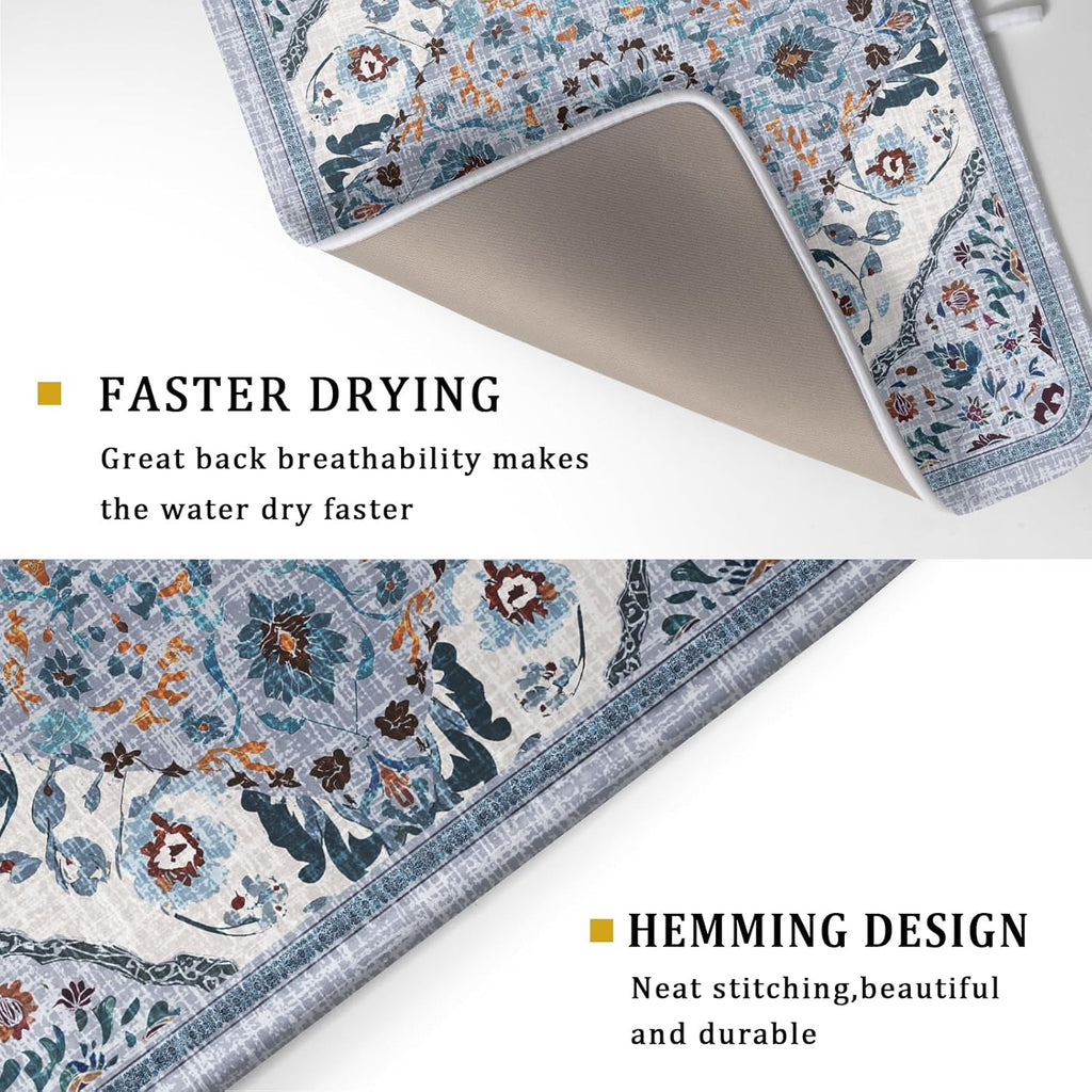 Boho Flower Dish Drying Mat Blue Bohemian Dishes Drainer Rack Mat 18x24 Inch Microfiber Kitchen Drying Pad for Countertop Tableware Decor