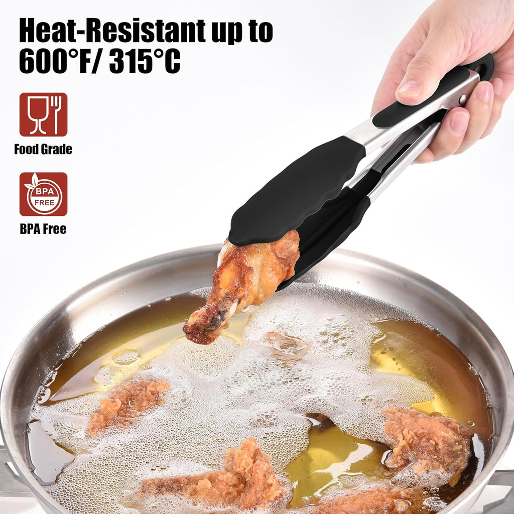 Doosu Kitchen Tongs for Cooking - 600°F Heat Resistant Food Tong with Non-Scratch Silicone Tips, Heavy Duty Stainless Steel Locking Tong for BBQ, Grilling Steak, Serving Salad, Pasta (7in, Black)