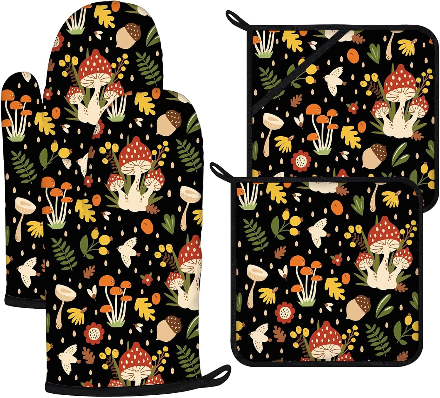 Mushroom Oven Mitts and Pot Holders Sets 4Pcs,Extra Long Oven Gloves Potholder for Kitchen Cooking Baking BBQ 100% Cotton Heat Resistant