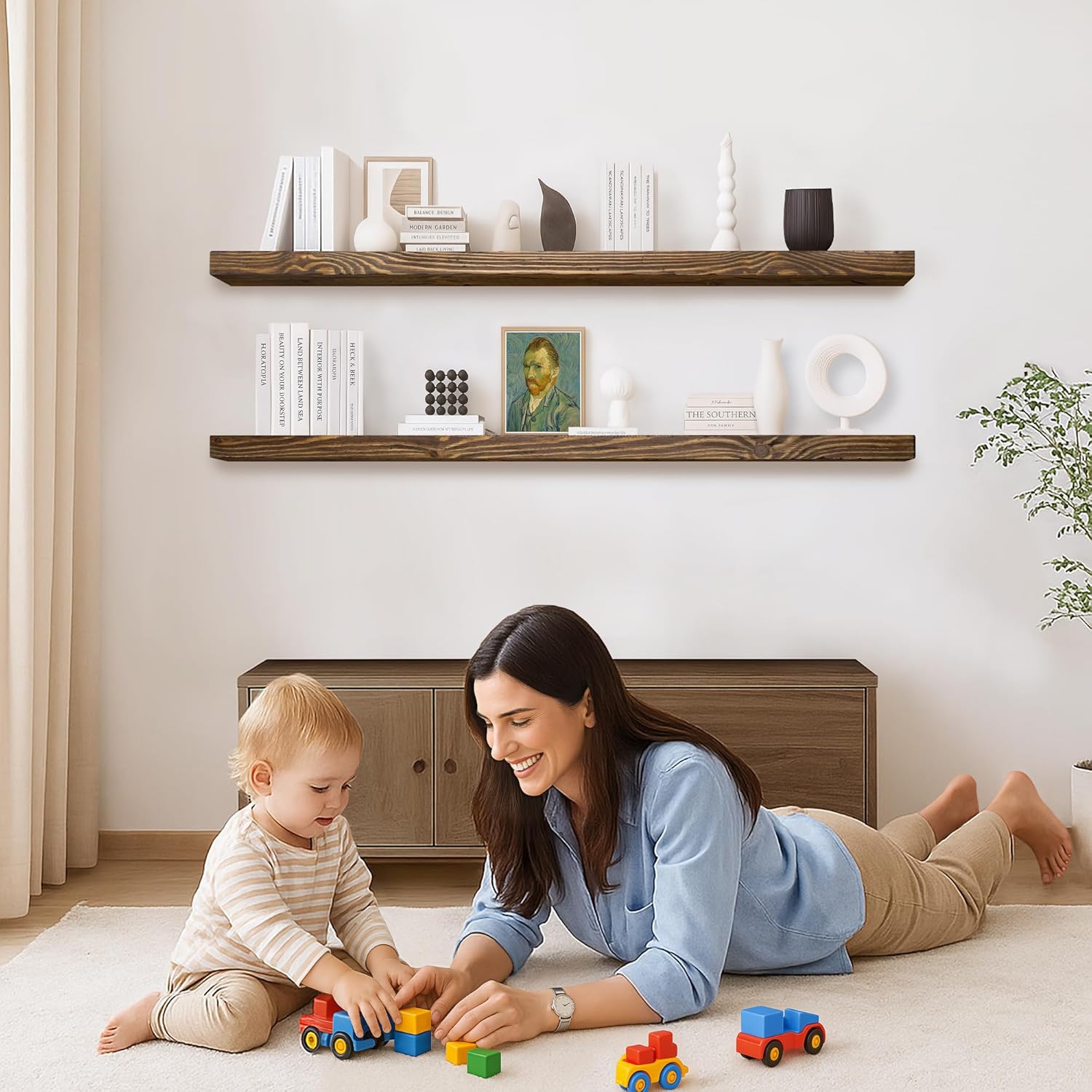 Floating Shelves 72 inch Long 8 "deep Set of 2, Heavy Duty Wood Wall Mounted Shelves for Bathroom Living Room Kitchen,Book Shelves with Thickened Hidden Bracket-Distressed Walnut