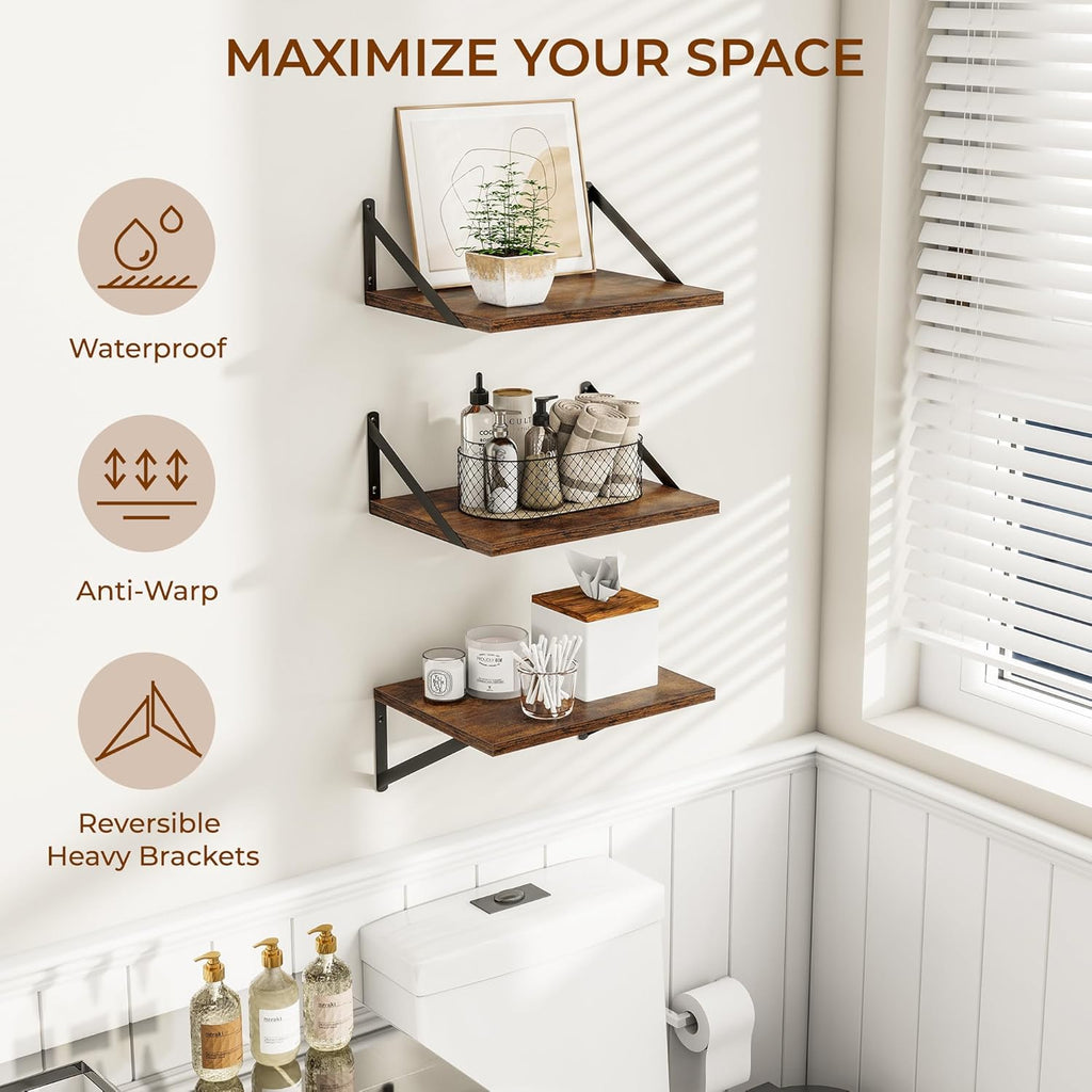 Heimlove Deep Floating Shelves for Wall, 12 Inch Deep Floating Shelves Set of 3, 16W x 12D Wood Wall Shelves, Wide Shelves with Metal Bracket for Living Room, Kitchen, Office, Bedroom - Rustic Brown