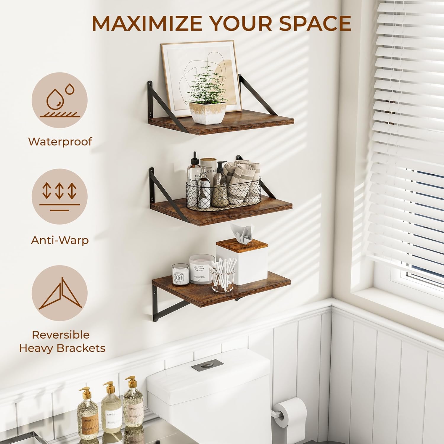 Heimlove Deep Floating Shelves for Wall, 12 Inch Deep Floating Shelves Set of 3, 16W x 12D Wood Wall Shelves, Wide Shelves with Metal Bracket for Living Room, Kitchen, Office, Bedroom - Rustic Brown