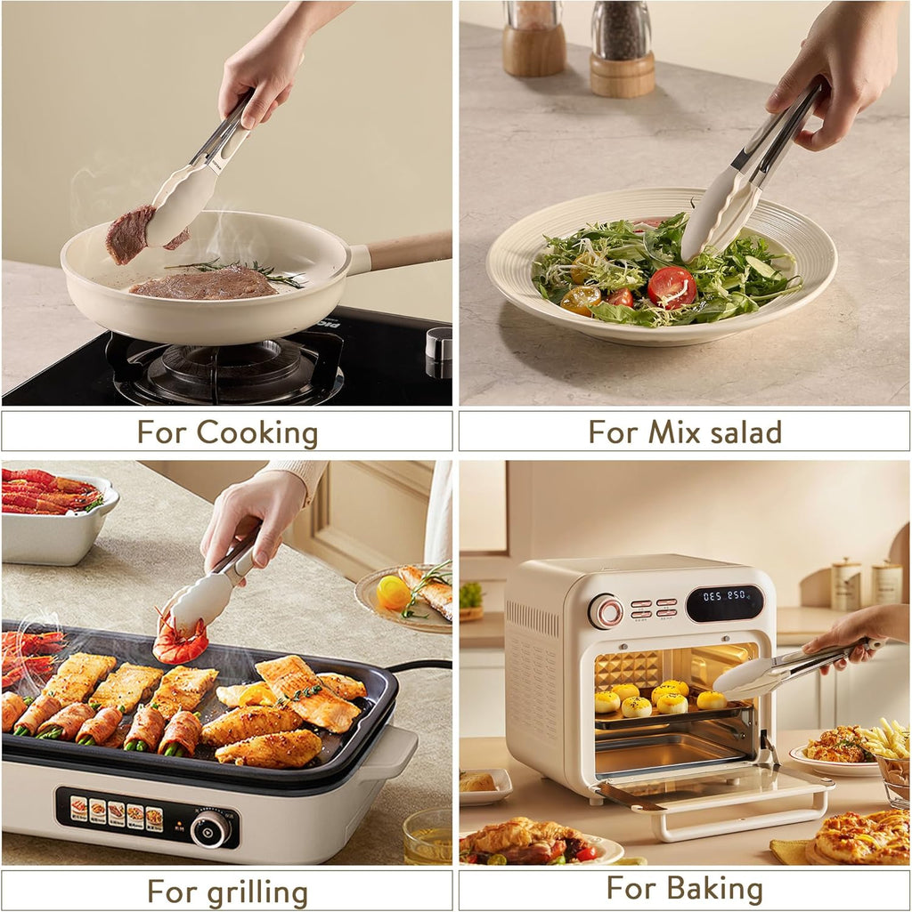 CAROTE Tongs for Cooking 428ºF Heat Resistant Locking Stainless Steel Kitchen Tongs with Non Scratch Silicone Tips, Perfect for Nonstick Cookware, BBQ Tongs Set of 3 (7"+9"+12")