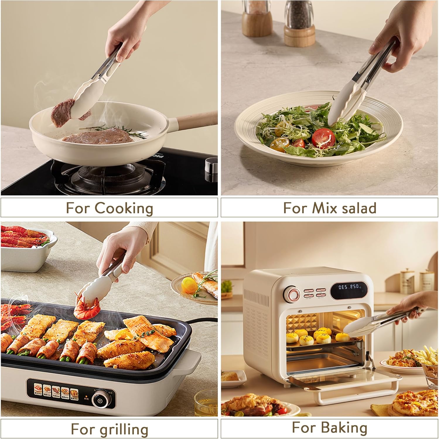 CAROTE Tongs for Cooking 428ºF Heat Resistant Locking Stainless Steel Kitchen Tongs with Non Scratch Silicone Tips, Perfect for Nonstick Cookware, BBQ Tongs Set of 3 (7"+9"+12")