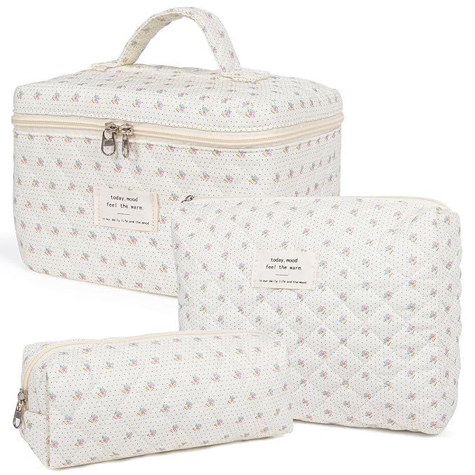 Makeup Bag,Quilted Cosmetic Bags,Large Floral Make Up Organize bag,Makeup Bag Set for Women,Flower Travel Toiletry Bag