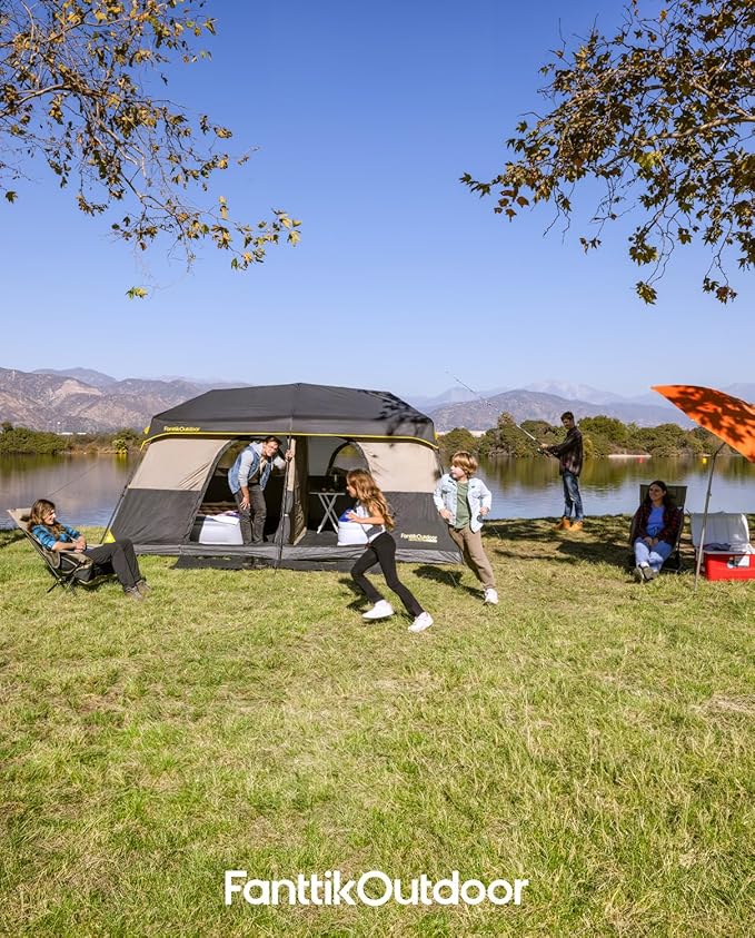 FanttikOutdoor Instant Cabin Tent 6/8/10/12 Person Camping Tent Setup in 60 Seconds with Rainfly & Windproof Portable with Carry Bag for Family Camping & Hiking, Upgraded Ventilation, Khaki