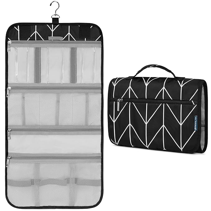 PAVILIA Hanging Toiletry Bag Women Men, Travel Kit Foldable Large Toiletries Organizer, Roll up Cosmetics Makeup Bag Accessories, Waterproof Essentials Jewelry Case (Black Chevron)