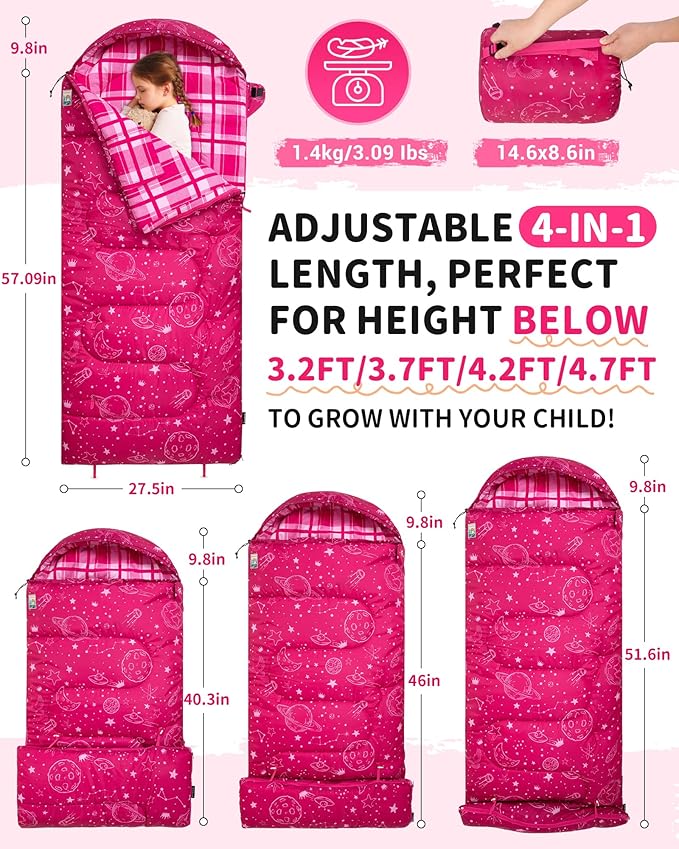 KingCamp 45°F Kids Sleeping Bag, Lightweight Waterproof & Compact Flannel Sleeping Bags Cold Weather & Warm Youth Essentials Gear Accessories for Camping, Fits 10-12 Children up to 5'5" Tall