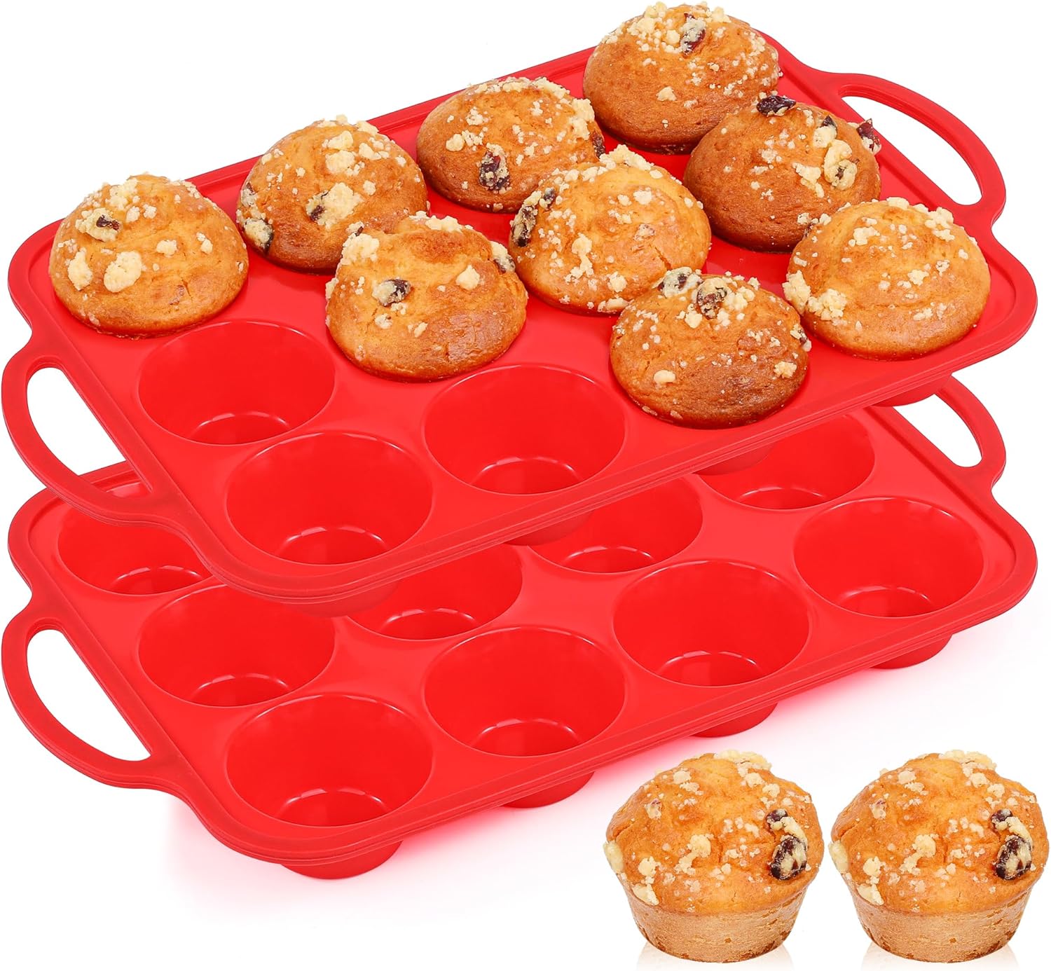 2 Pcs Silicone Muffin Pan for Baking with Metal Frame, Nonstick 12 Cup Regular Size Cupcake Pan, Silicone Muffin Tray for Egg Bites (Red)