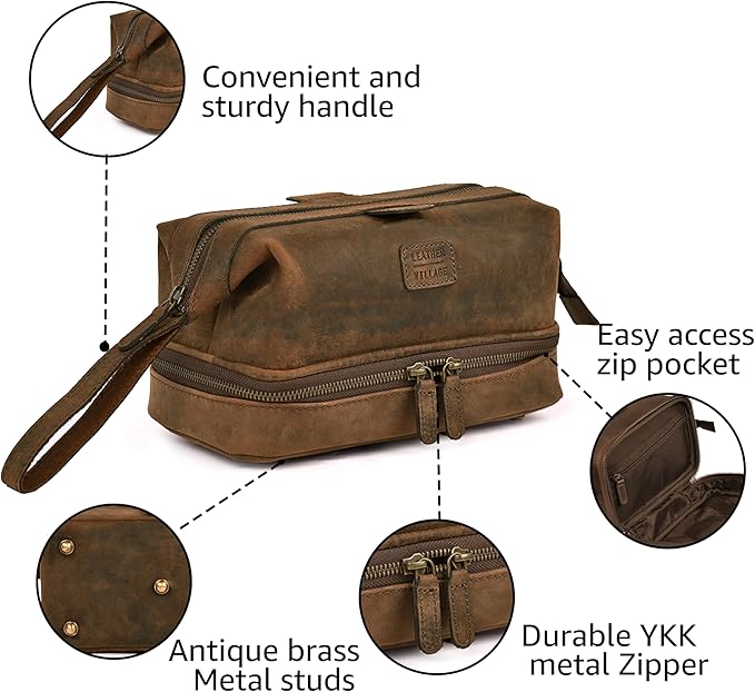 LEATHER VILLAGE Genuine Leather Dopp Kit – Large Travel Toiletry Bag with Waterproof Lining, Dual-Zip Design for Men & Women, Organizer for Shaving, Makeup & Essentials - Brown