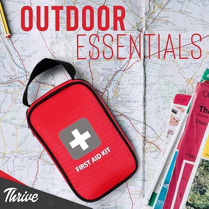 Thrive Travel Essentials Small First Aid Kit - 100 FSA HSA Approved Products Includes Multi-Sized Bandage, Wipes, Safety Pins, and More (Shell)