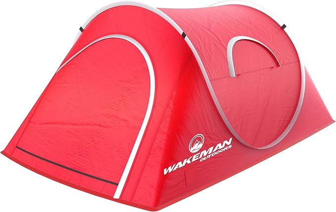 2 Person Pop Up Tent with Dual-Layer Door and Carry Bag - Water-Resistant Tent for Camping, Hiking, or Beach Use by Wakeman Outdoors (Red)