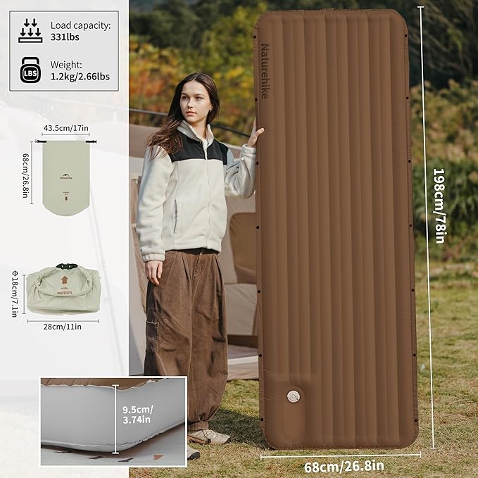 Naturehike Single Camping Mattress, Splicable Sleeping Pad with Air Pump Sack, 3.74" Thick Sleeping Mats with Strong Support for Travel, Car, Tent, Home