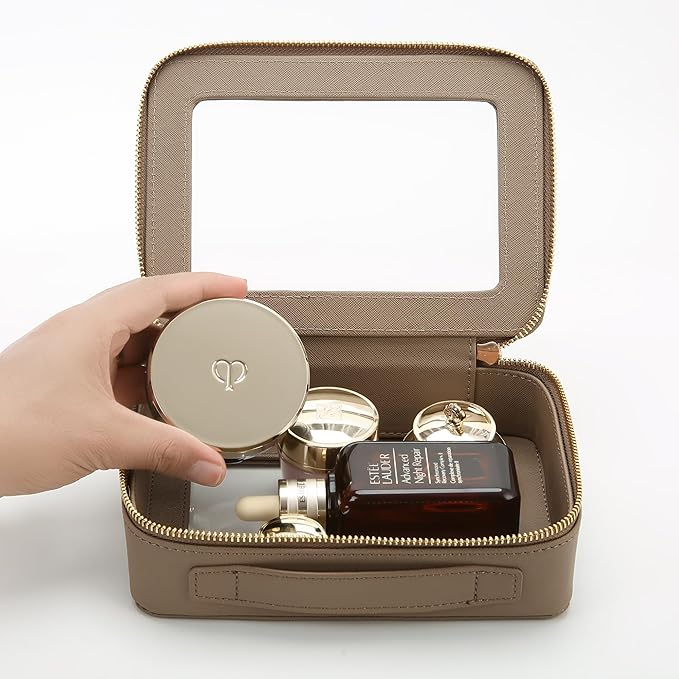 Aveniee Clear Makeup Bag for Women, Travel Cosmetic Case Toiletry Bag, Heavy Duty Makeup Organizer Car Bag for Accessories with Gold Zippers(Taupe)