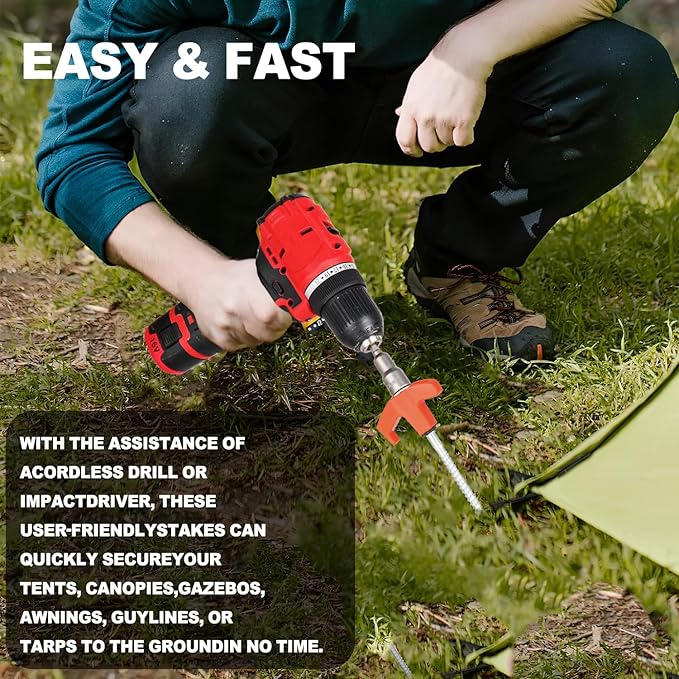 4 Pack Screw in Tent Stakes Heavy Duty,8 Inch Ground Anchors Screw in,Metal Stakes with Hex Head Driver,Camping Accessories.(Orange)