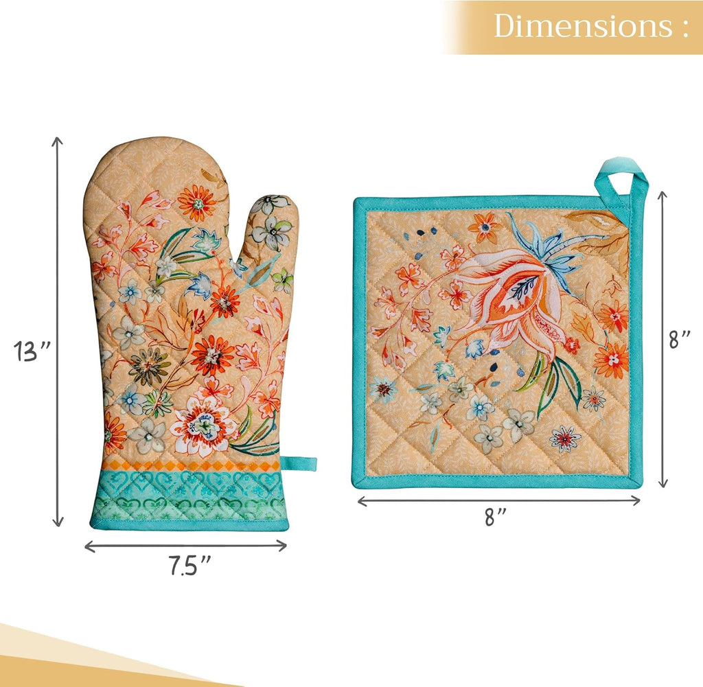 Maison d' Hermine 100% Cotton Oven Mitt & Pot Holder Set (7.5"x13" & 8"x8") Heat Resistant BBQ Cooking Gloves with Loop, Baking, Grilling, Kitchen, Handling Hot Pan Spring/Summer (Luxury Loft – Peach)