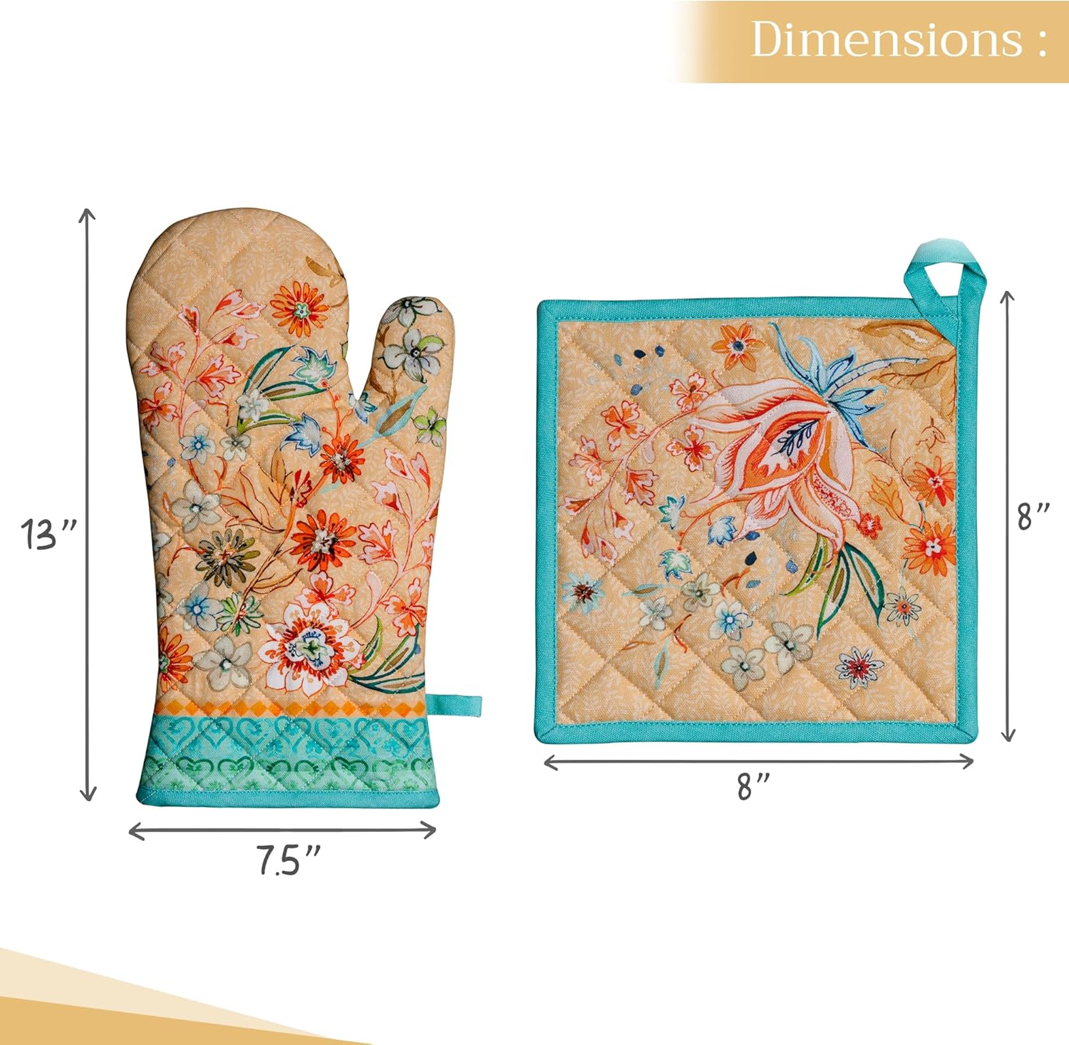 Maison d' Hermine 100% Cotton Oven Mitt & Pot Holder Set (7.5"x13" & 8"x8") Heat Resistant BBQ Cooking Gloves with Loop, Baking, Grilling, Kitchen, Handling Hot Pan Spring/Summer (Luxury Loft – Peach)