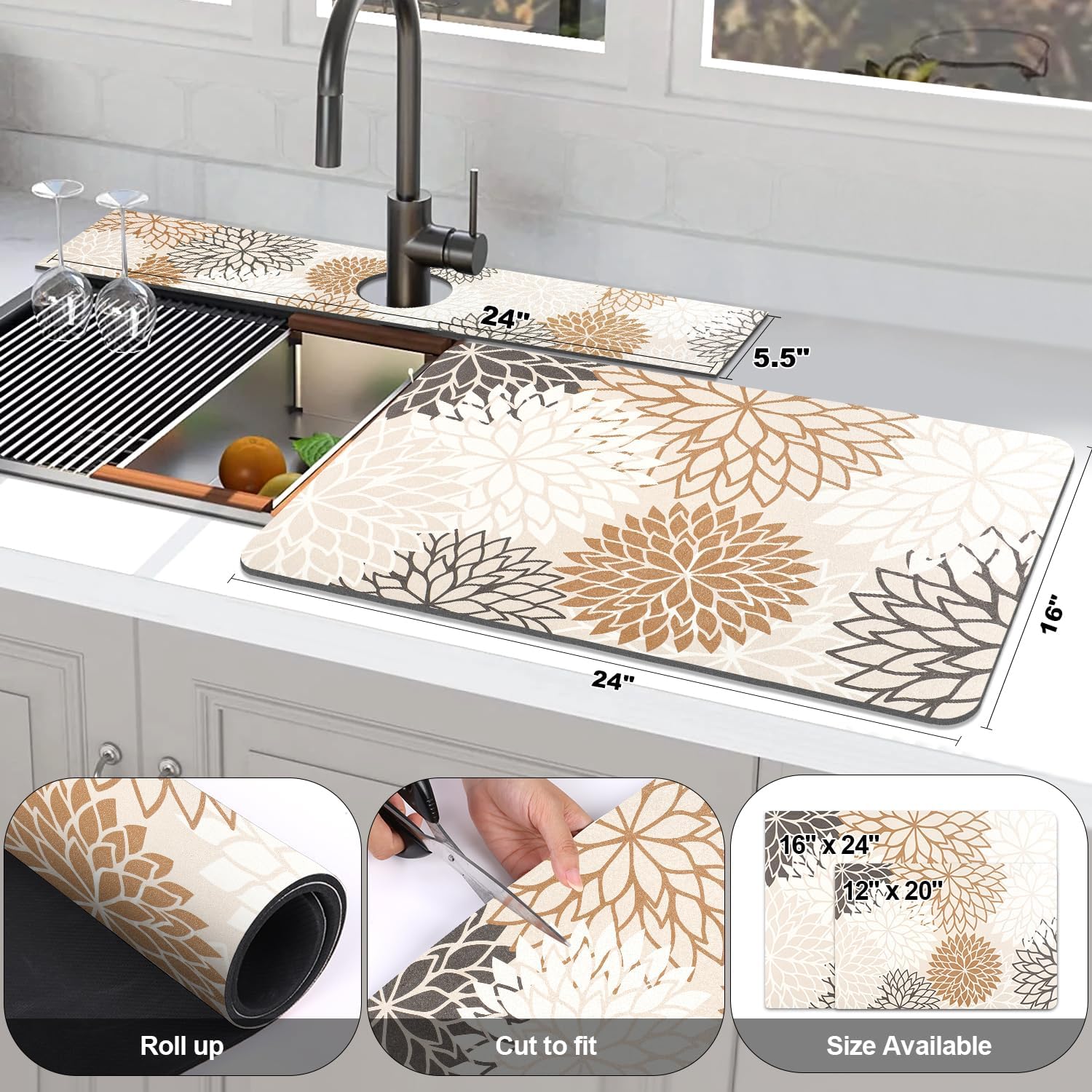 Findosom 2PCS 16" x 24" Dish Drying Mat & 24" x 5.5" Sink Splash Guard, Super Absorbent & Cuttable Dish Mat Drying Kitchen Mat with Brown Floral, Hide Stain Drying Mat for Kitchen Counter