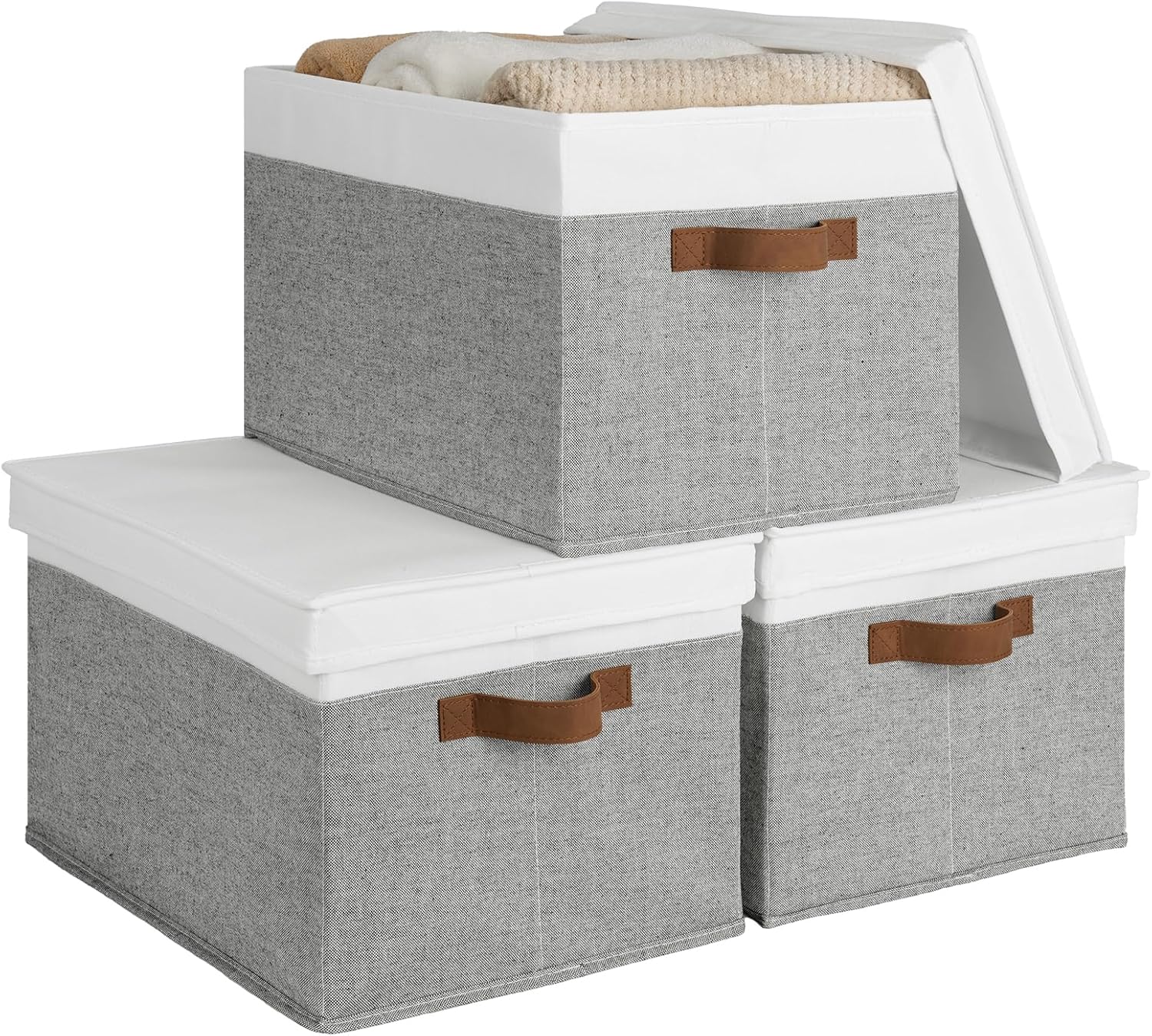 StorageWorks Storage Bins with Lids, Decorative Storage Boxes with Lid and PU Handles, Foldable Storage Baskets for Closet, Shelves, Stackable, Grey and White, Jumbo, 3-Pack