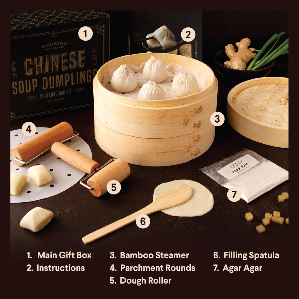 Cooking Gift Set Co. Bamboo Steamer Basket Soup Dumpling Kit - 2 Tier 8-Inch Dumpling Steamer for Cooking with Agar Agar, Roller, Spoon, Liners, Recipes & Step-by-Step Video (6-Piece Set)