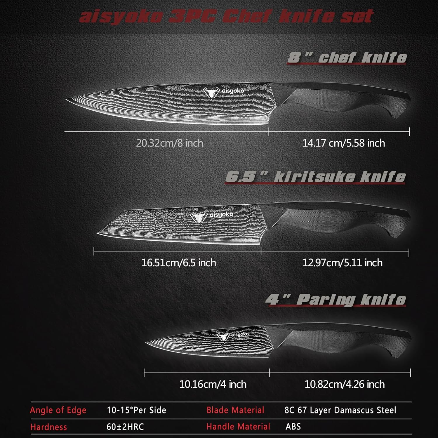 8C Damascus Knife Set - 3PC Chef's Knife, Kitchen and Paring Knives, High Carbon Stainless Steel, Ergonomic Full Tang ABS Anti-Skid Handle