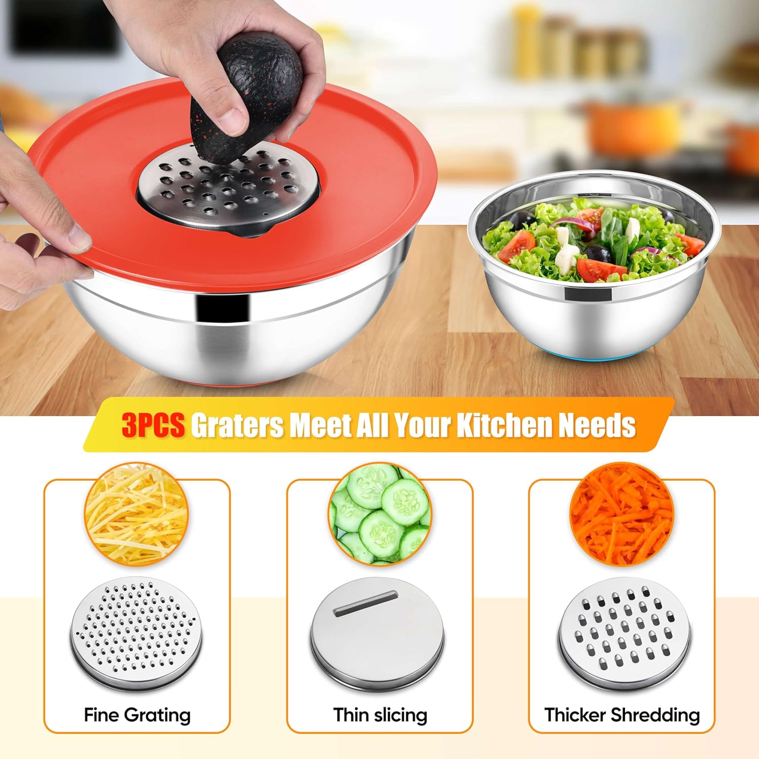 E-far Stainless Steel Mixing Bowls with Lids Set, 5-Piece Nesting Salad Bowls with 3 Grater Attachments and Non-Slip Bottoms, Size 4.6, 2.6, 2, 1.5, 1QT for Kitchen (Colorful)