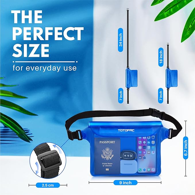 2-Pack Waterproof Fanny Pack, Phone Pouch with Waist Strap, 9x6.7 Inch Dry Bag for Phone, Cash, and Valuables – for Swimming, Kayaking, Boating, Snorkeling, and Water Sports (2, Blue + Blue)