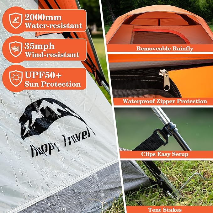 Happy Travel Camping Tent, 4 Person Dome Tents for Camping with Rainfly, Waterproof Clip Easy Setup Portable Family Tent with Mesh Windows, 20% More Headroom Backpacking Tents for Camping & Hiking