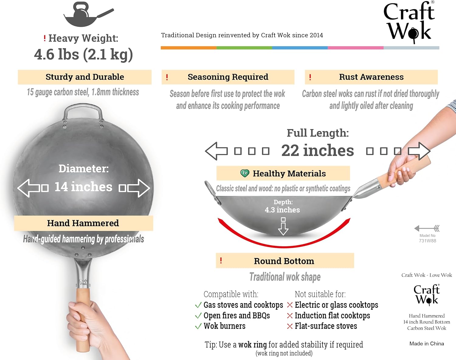 Craft Wok Traditional Hand Hammered Chinese Carbon Steel Wok with Wooden and Steel Helper Handle (14 Inch, Round Bottom Pow Wok Pan) / 731W88