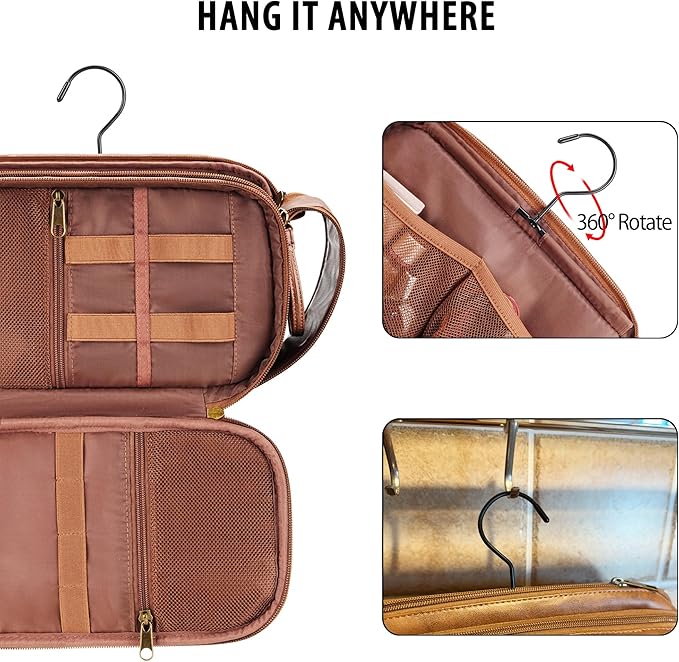 Travel Toiletry Bag for Men, Large Hanging Toiletries Organizer Bags, Cruise Ship Essentials, Water-resistant Shaving Case, PU Leather Makeup Accessories, Cosmetic Dopp Kit, Brown