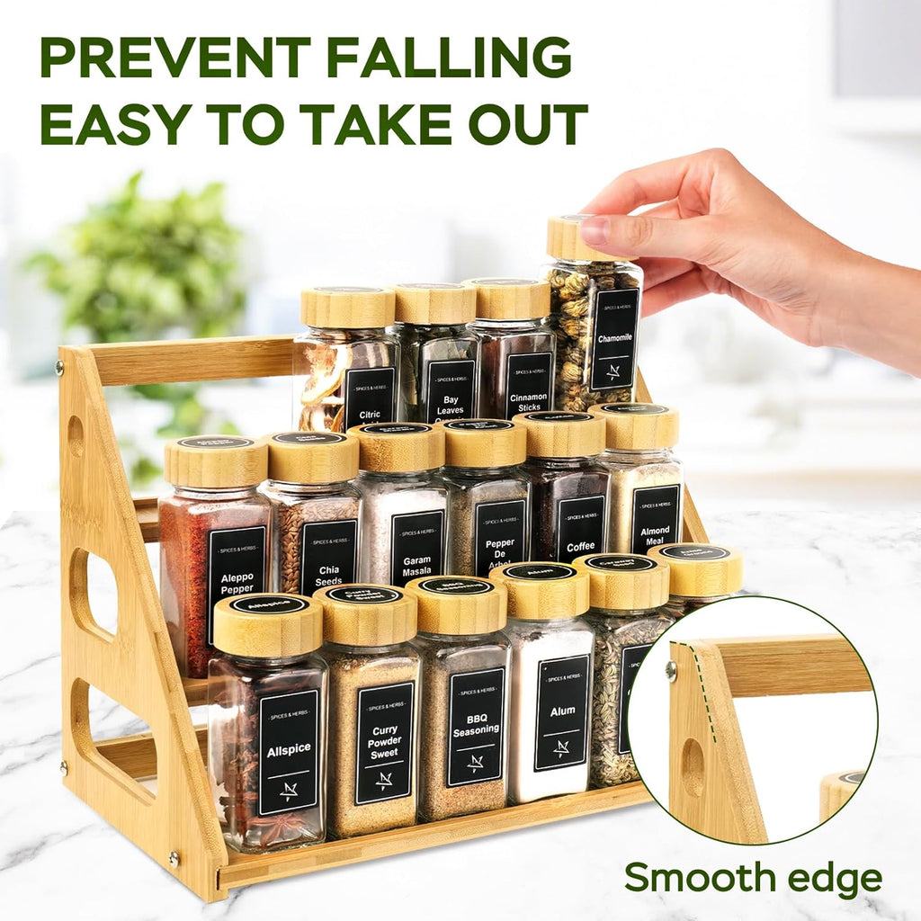 3 Tier Bamboo Spice Rack Organizer with 18 Spice Jars, 780 Labels, Wood Shelf, Chalk Marker and Funnel Set for Cabinet Kitchen Countertop, Empty 4 oz Glass Jars