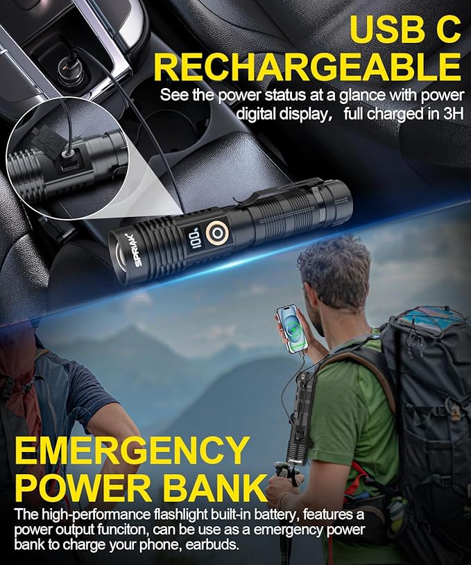 Rechargeable Flashlight High Lumens-12000LM Super Bright Magnetic Flash Light with Power Digital Display,3280Ft Long Range,Dimmable,Waterproof,Pocket Tactical LED Flashlights for Emergency Camping 2PC