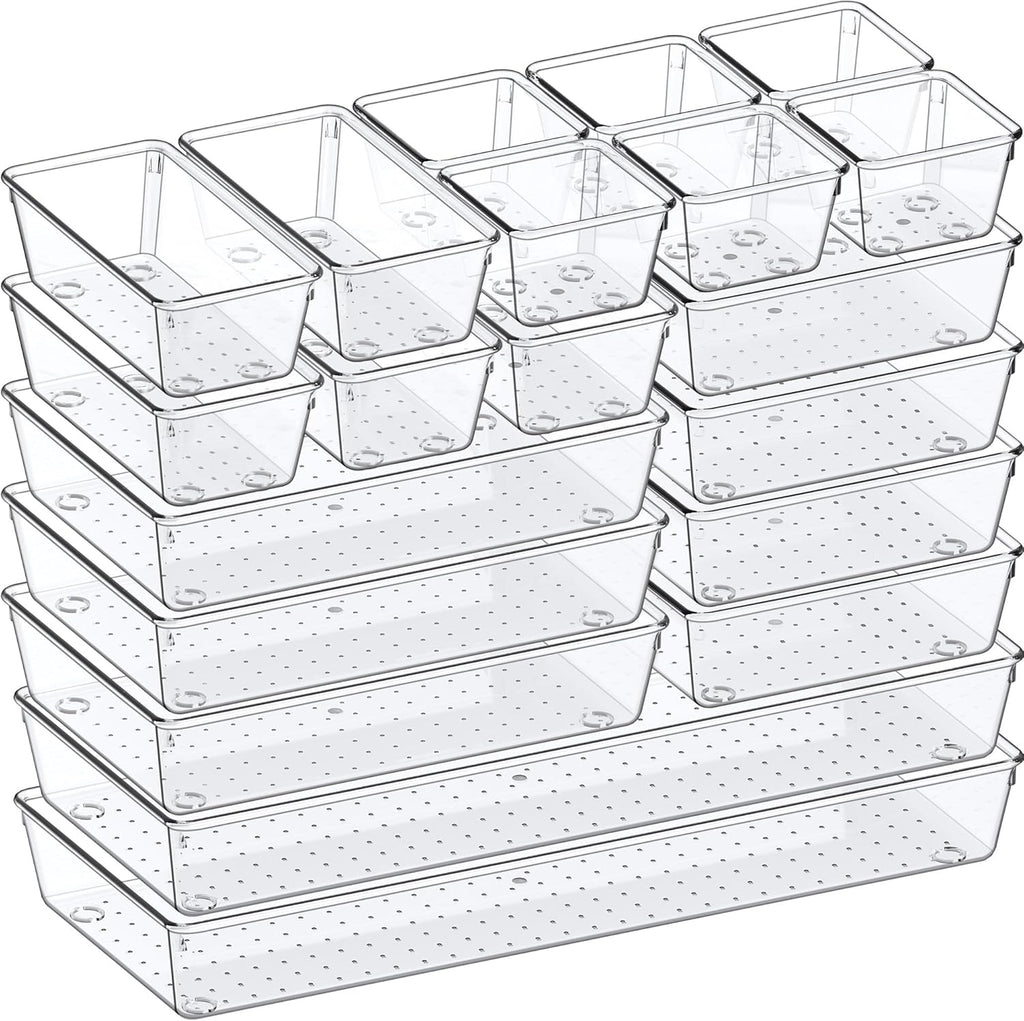 Criusia Drawer Organizer, 5-Size Versatile Bathroom and Vanity Organizer Trays, 20 Pack Clear Plastic Kitchen Drawer Organizers Set, Storage Bins for Makeup, Bathroom, Jewelries and Office