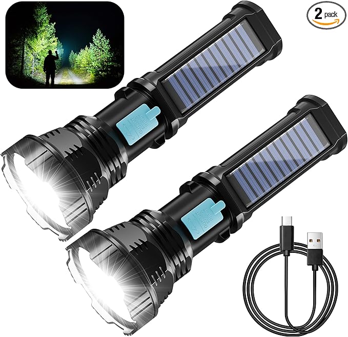 Solar/Rechargeable LED Flashlights, Multi Function Flashlight with 2000 mAh Battery, Emergency Strobe Light, Waterproof, Fast USB Charging, Survival Gear and Supplies for Camping, 2 Pack