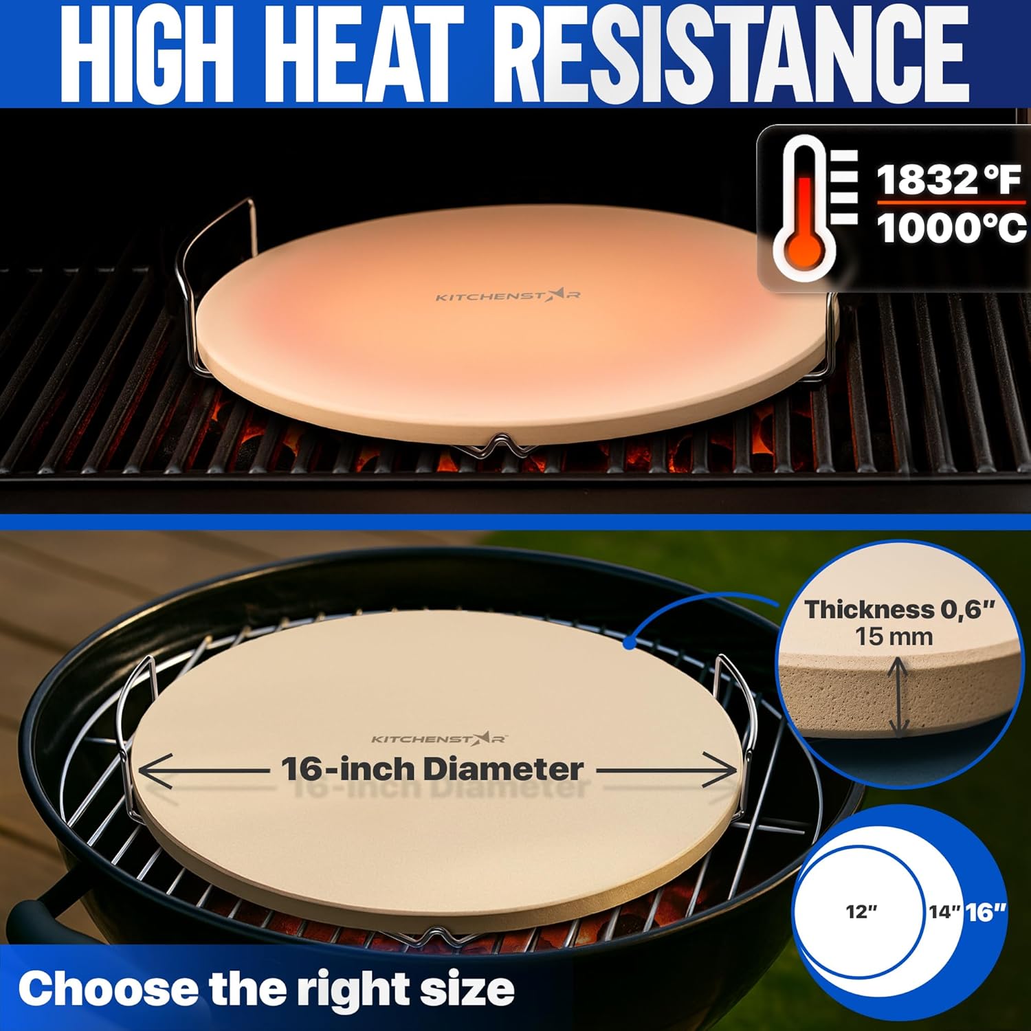 KitchenStar 16-inch Pizza Stone for Oven and BBQ Grill with Handles, Round, 5/8" Thick - Natural Cordierite, 1800 °F Resistant, Baking Stone Set with Stainless Steel Rack & Plastic Scraper Tool