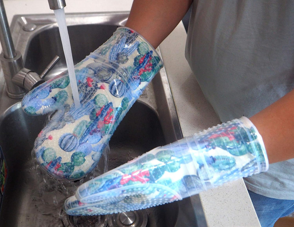 Oven Mitts Set of 2 with Transparent Clear Silicone Shell and Nice Fruit Flower Cotton Lining, Heat Resistant to 500 F Kitchen Oven Gloves Pot Holder for Cooking (Fruit Flower, Oven Mitts)