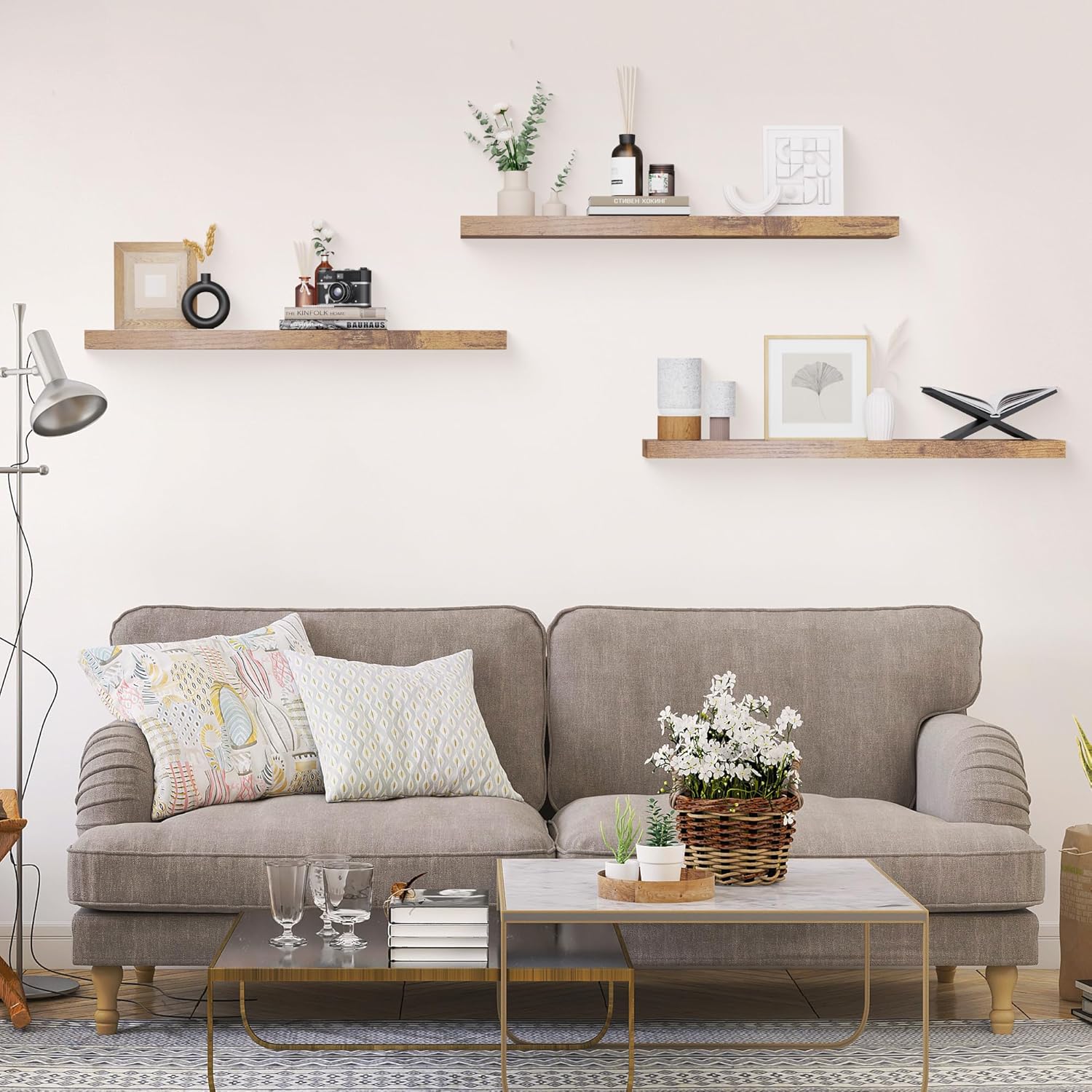 Colima Floating Shelves for Wall Brown Wood Shelf for Bedroom, 36 Inch Wall Mounted Floating Shelves for Bathroom Living Room Kitchen Office, 1.3" Thick Floating Book Shelves Set of 3